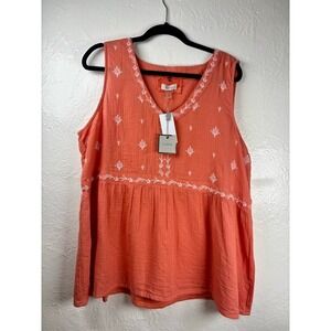NWT Cupio Womens XL Orange Embroidered Cotton Gauze Babydoll Top Cottage Garden